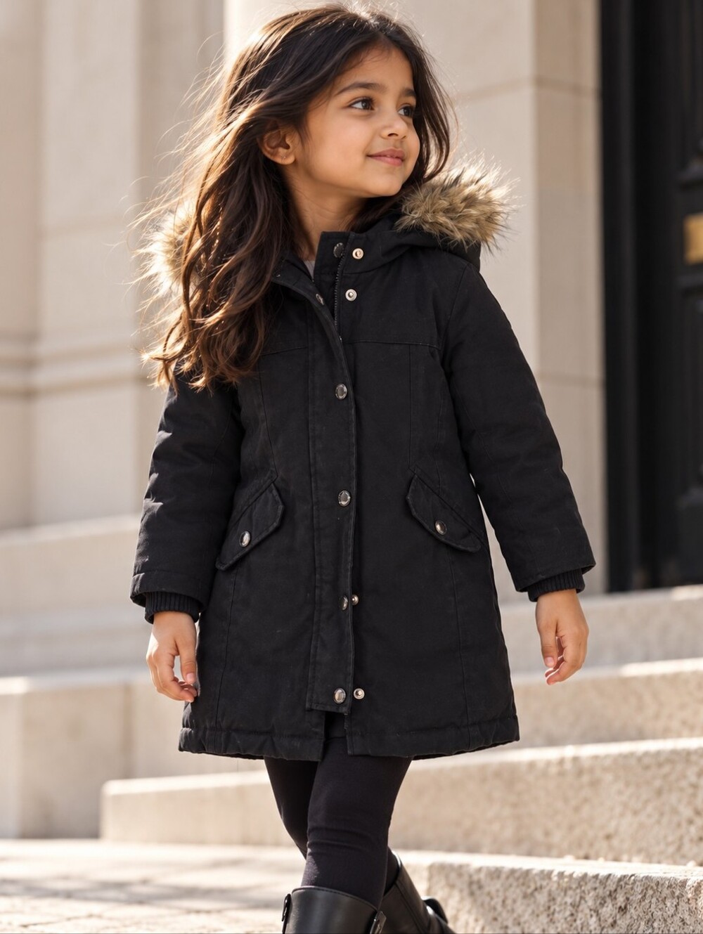 Baby Gap Girls Black Down Parka Coat Faux Fur Hood 4Y 105cm Winter